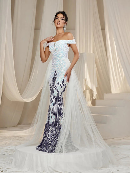 Off-Shoulder Mesh Overlay Mermaid Hem Graphic Sequin Formal Party Dress — authorized product image 4