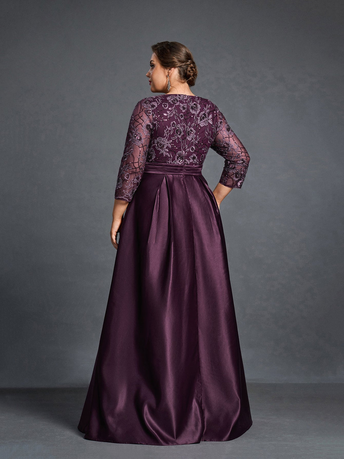 Additional product view of Plus-Size Satin V-Neck A-Line Sequin Mother-of-the-Bride Dress