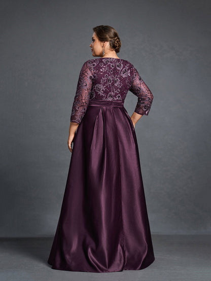 Additional product view of Plus-Size Satin V-Neck A-Line Sequin Mother-of-the-Bride Dress