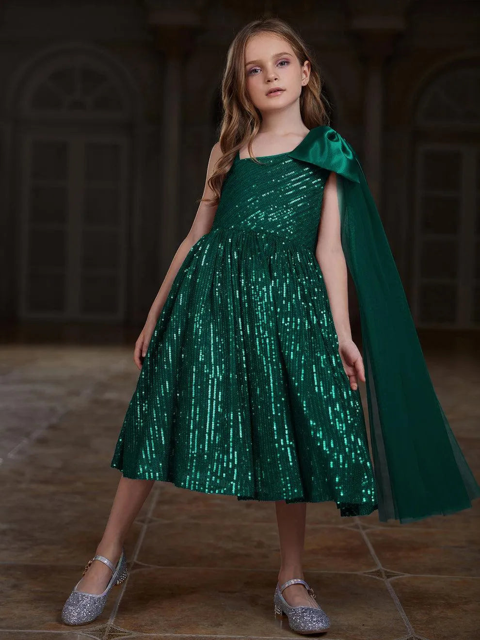 Additional product view of Draped Side Bow Detail One-Shoulder Sequin A-Line Tween Girls' Party Dress