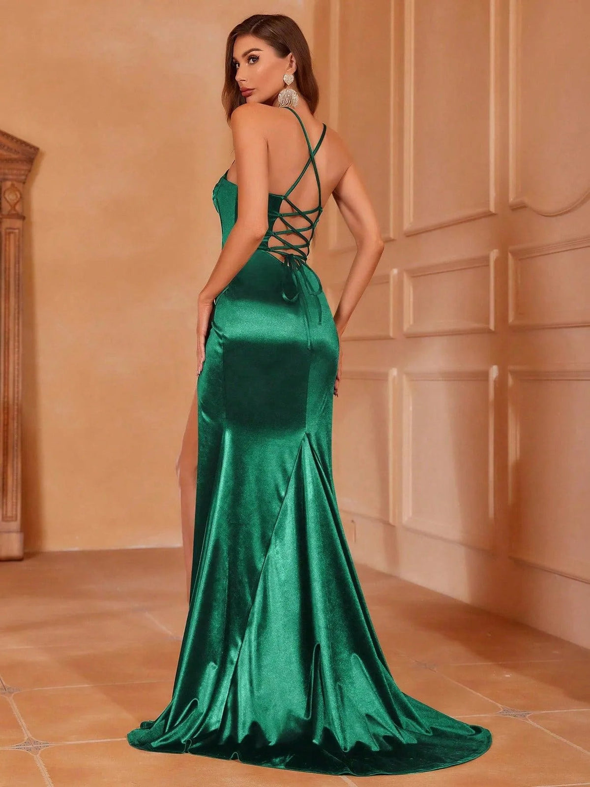 Additional product view of Cami Strap Satin Backless Mermaid Sleeveless Evening Gown