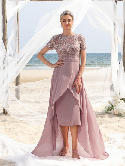 Additional product view of Embroidered Sequin Bodice Asymmetrical Lace Boat-Neck Short-Sleeve Mother-of-the-Bride Dress