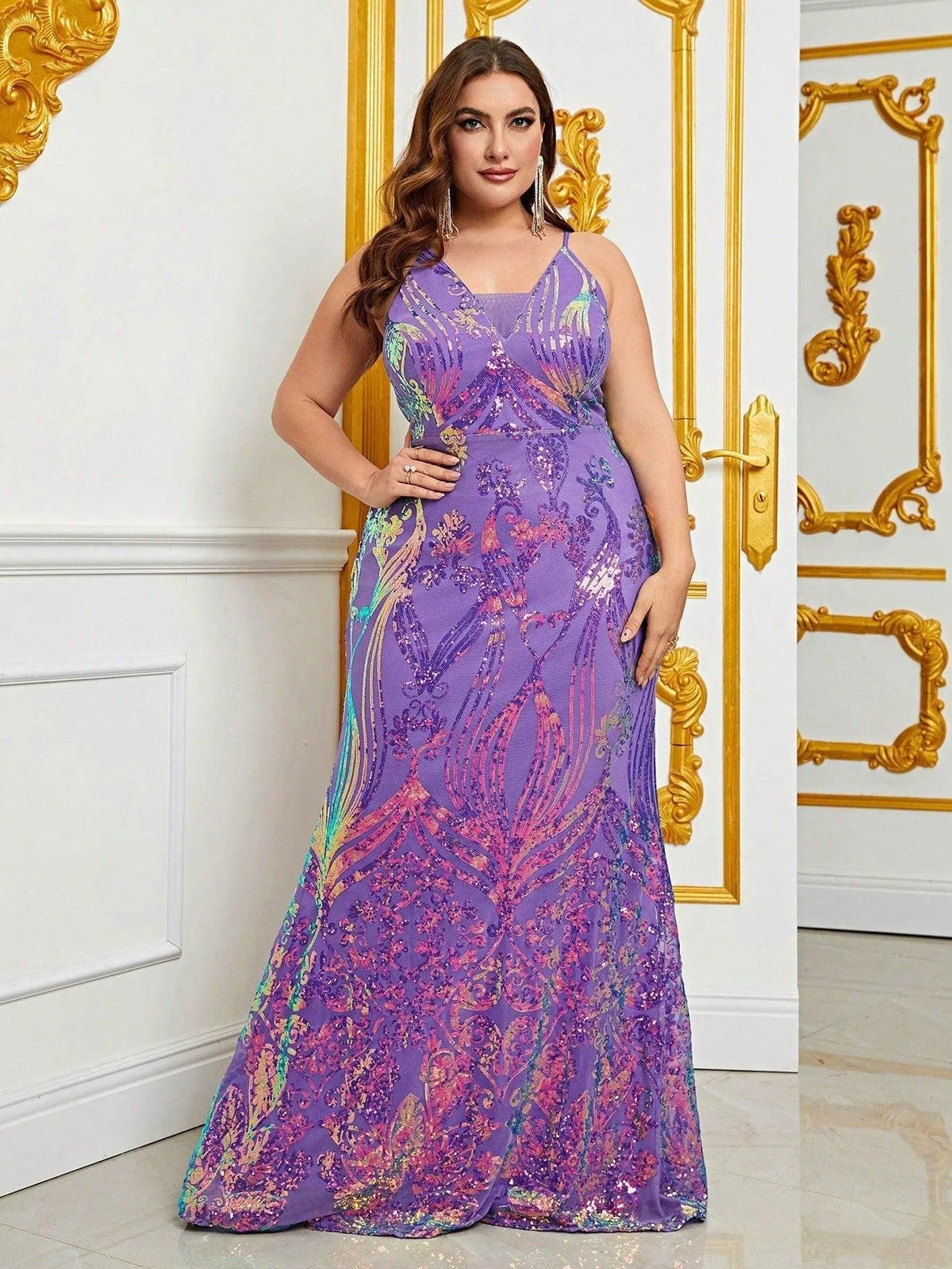 Plus-Size Spaghetti Strap Sequin Backless Sleeveless Mermaid Evening Gown — authorized product image 5