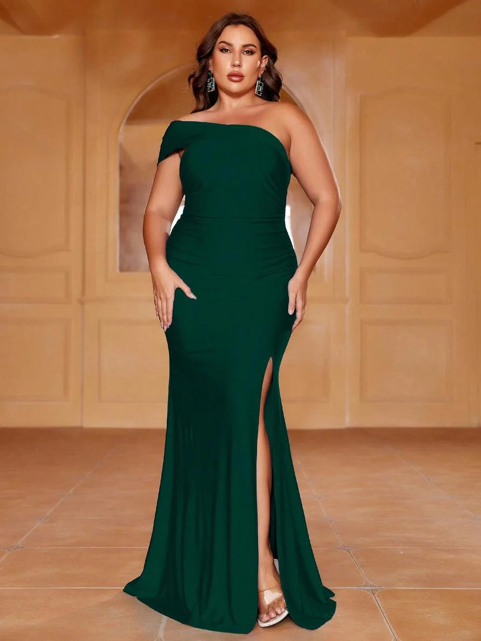 Additional product view of Mermaid Hem Plus-Size One-Shoulder Knit High-Slit Evening Gown