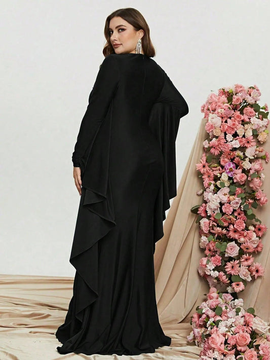 Plus-Size Round Neck Long-Sleeve Bodycon Evening Gown — authorized product image 2