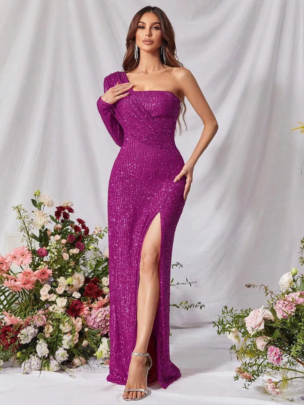 Alternate view of High-Slit One-Shoulder Sequin Sheath Maxi Evening Gown in Fuchsia