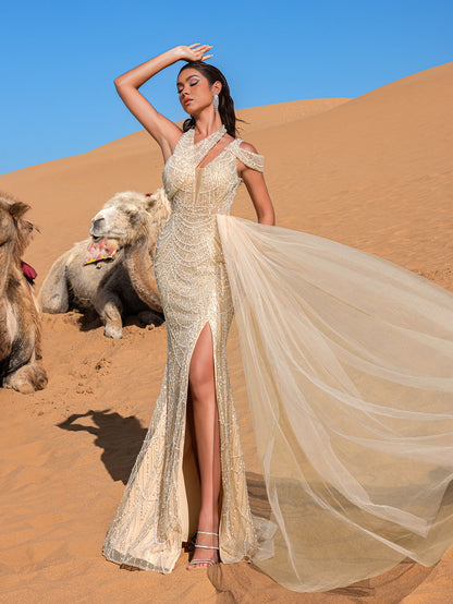 Gorgeous Asymmetrical Neck Draped Side Split Mermaid Hem Beaded Formal Dress Evening Gown – view 4