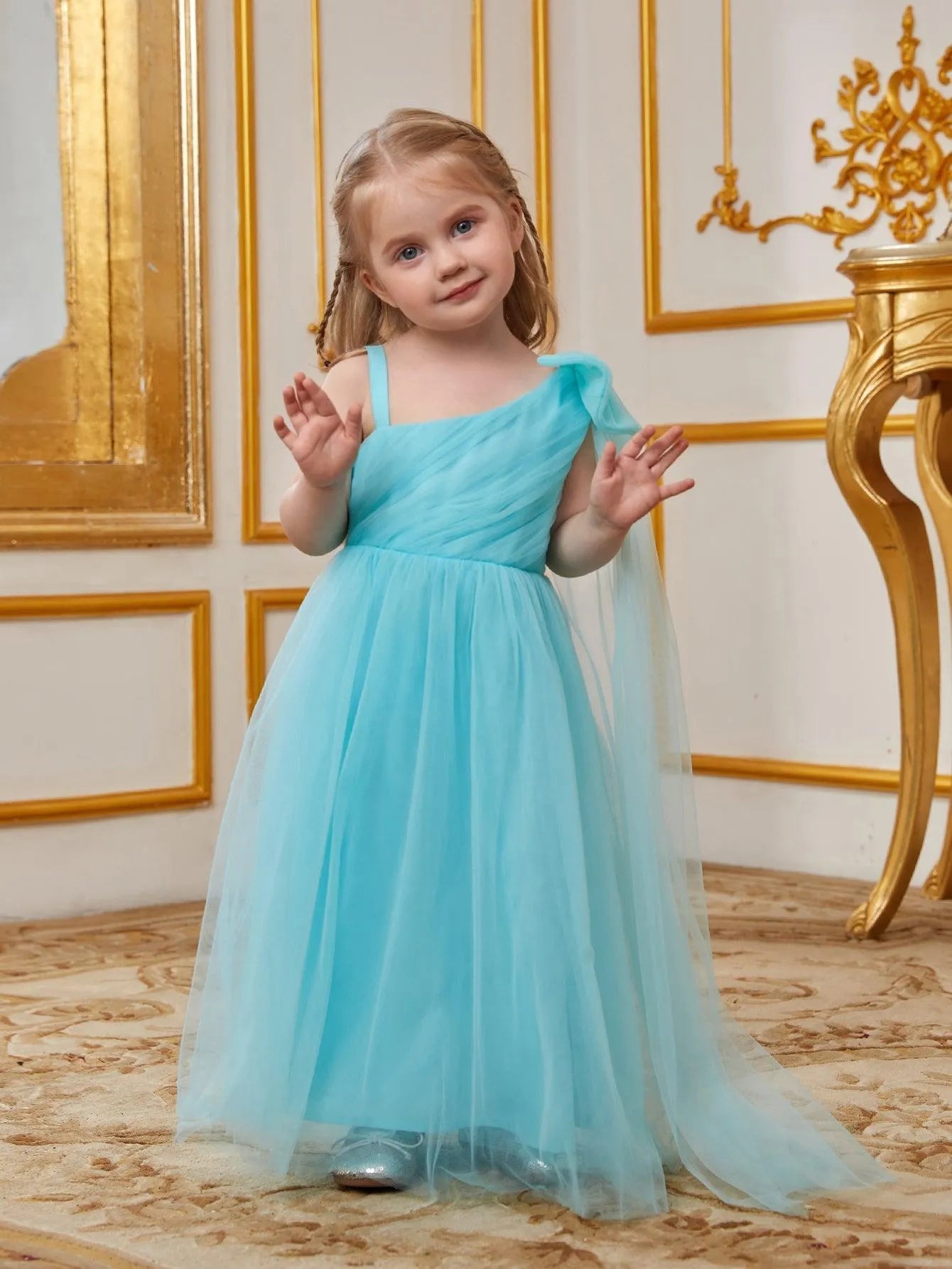 Young Girls' One-Shoulder Tulle Sleeveless A-Line Formal Gown — authorized product image 6
