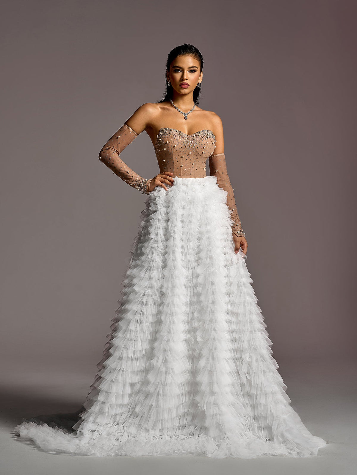 Sweetheart Rhinestone Long-Sleeve A-Line Wedding Gown — authorized product image 4