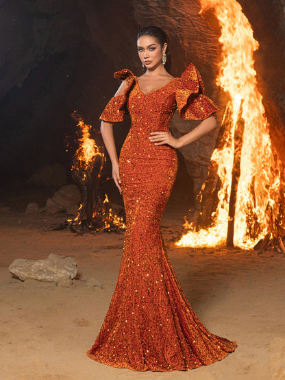 Gorgeous Maxi Sequin Flutter Sleeves Mermaid Evening Dress