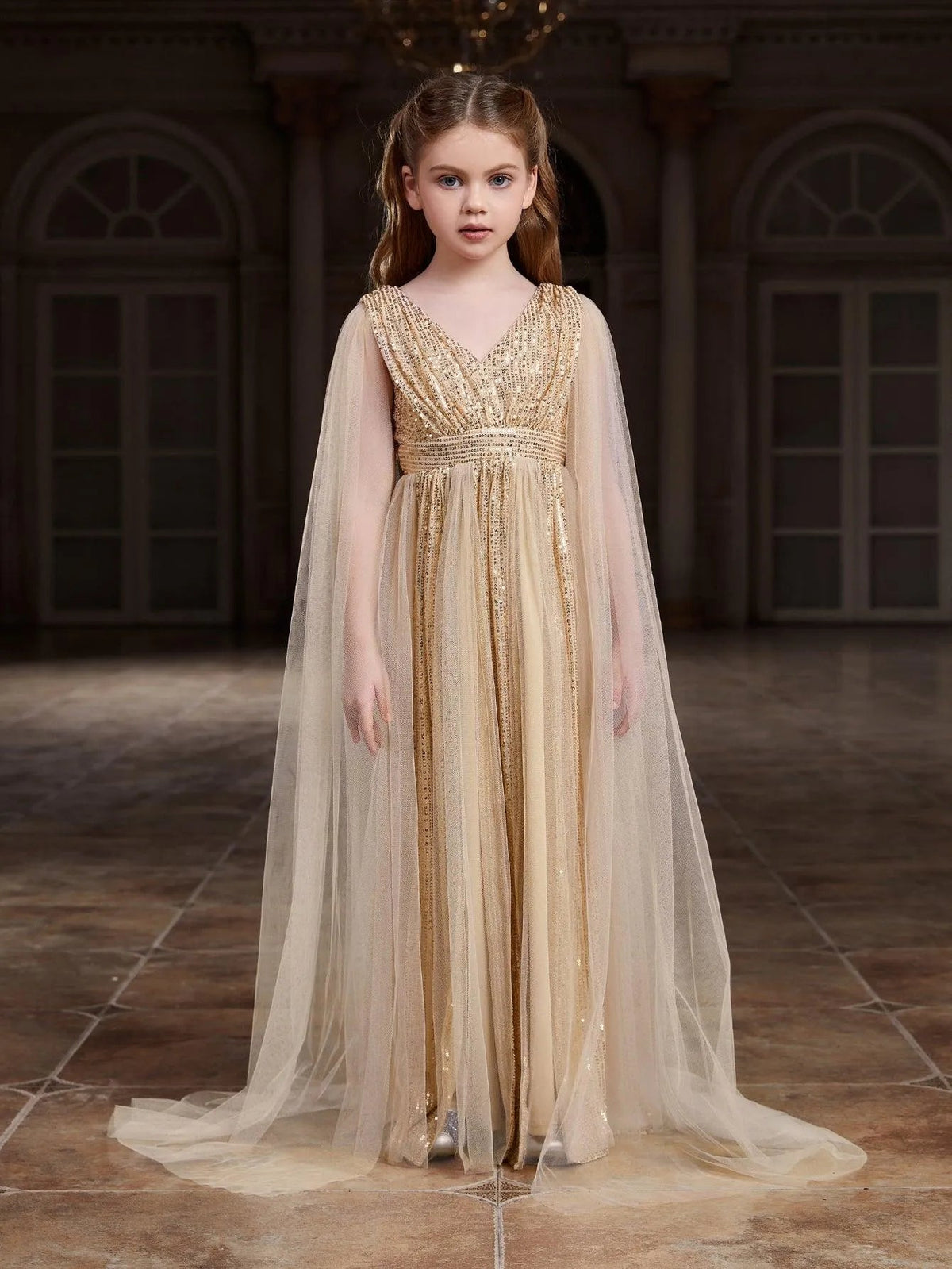 Additional product view of Contrast Mesh Cape-Sleeve V-Neck Sequin A-Line Tween Girls' Party Dress