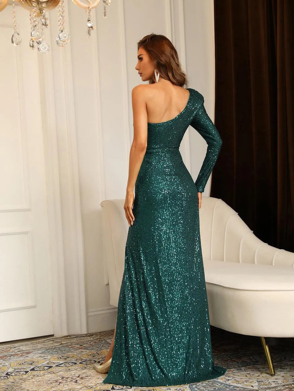 Additional product view of High-Slit One-Shoulder Sequin Sheath Maxi Evening Gown