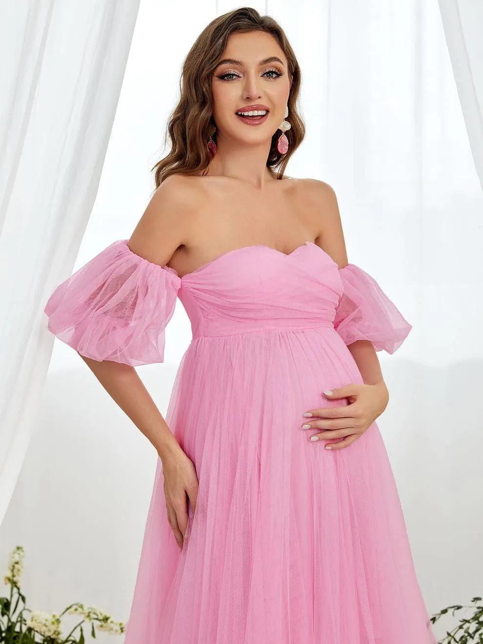 Additional product view of Mesh Overlay Puff-Sleeve Off-Shoulder A-Line Maxi Maternity Evening Dress