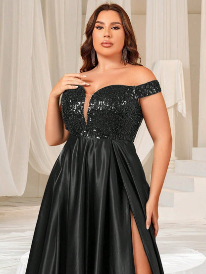 Plus Sweetheart Neckline Contrast Sequin Satin Prom Dress