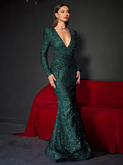 Plunging Neck Long Sleeve Sequin Mermaid Dresses