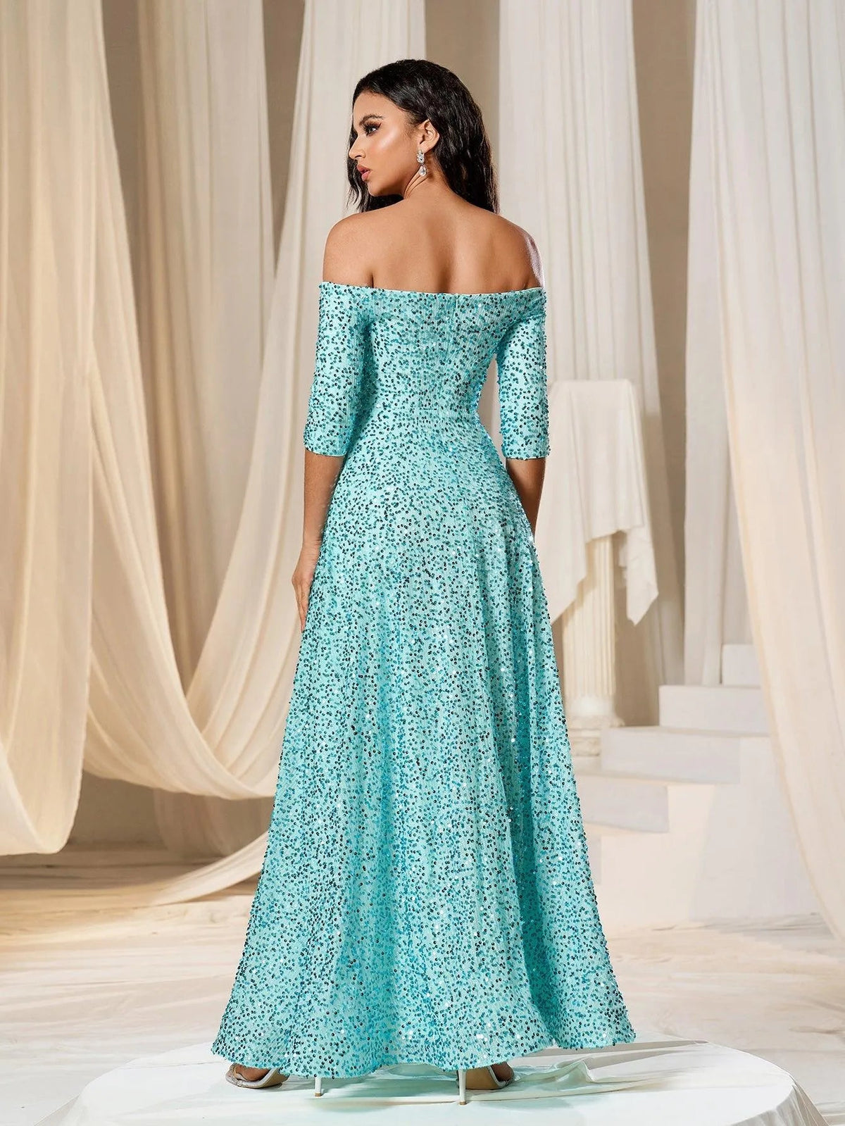 Off Shoulder 3/4 Sleeve Sequin A Line Dress