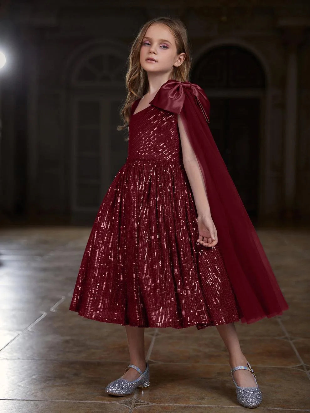 Additional product view of Draped Side Bow Detail One-Shoulder Sequin A-Line Tween Girls' Party Dress