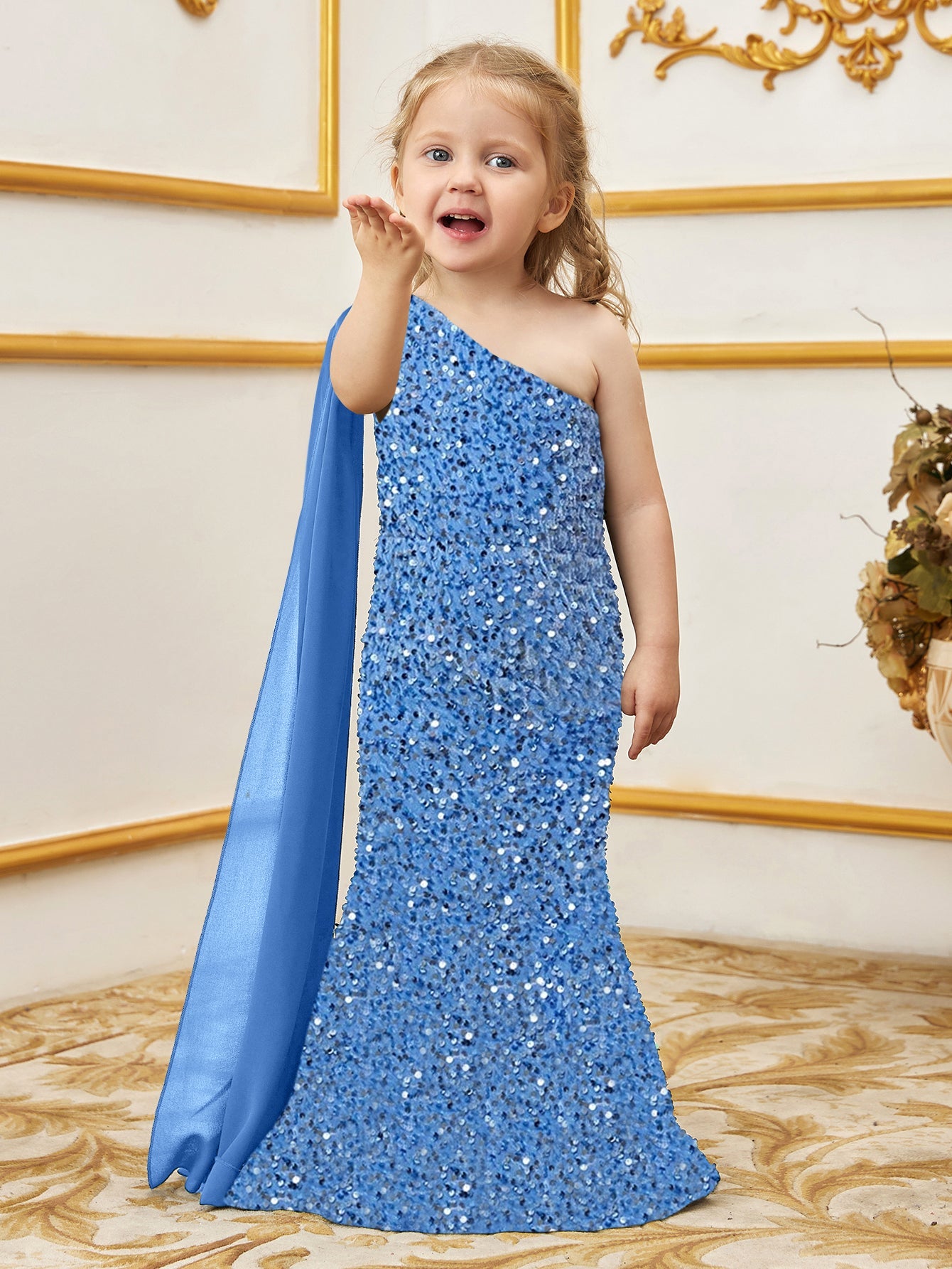 Alternate view of Draped Side One-Shoulder Sequin Mermaid Sleeveless Young Girls' Party Dress in Blue