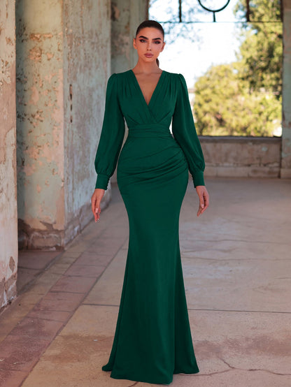 Alternate view of Surplice-Neck V-Neck Chiffon Mermaid Long-Sleeve Evening Gown in Dark Green