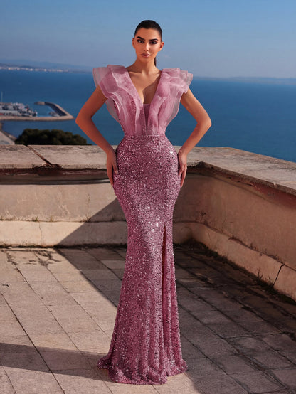 Mesh Insert Ruffle Trim Split Sequin Mermaid Dress