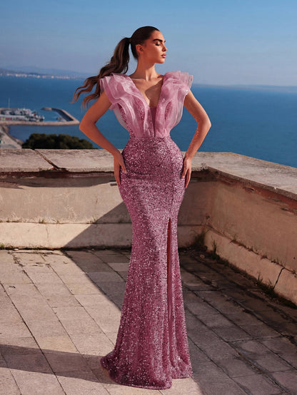 Mesh Insert Ruffle Trim Split Sequin Mermaid Dress