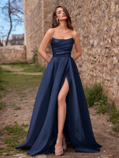 Additional view of Strapless Lace Satin Sleeveless A-Line Evening Gown