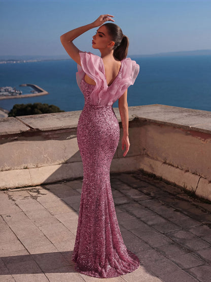 Mesh Insert Ruffle Trim Split Sequin Mermaid Dress