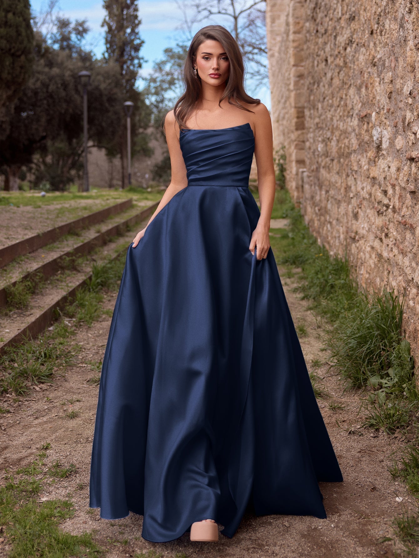 Additional view of Strapless Lace Satin Sleeveless A-Line Evening Gown