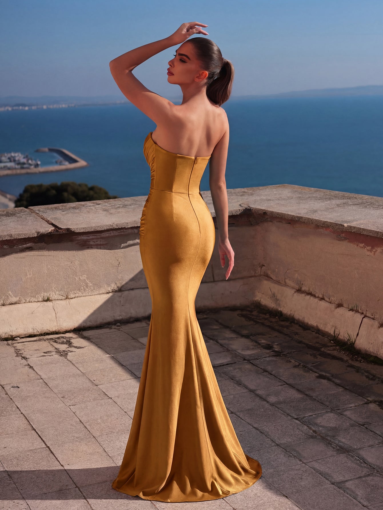 Additional product view of Mermaid Hem Strapless Knit Sleeveless Maxi Evening Gown