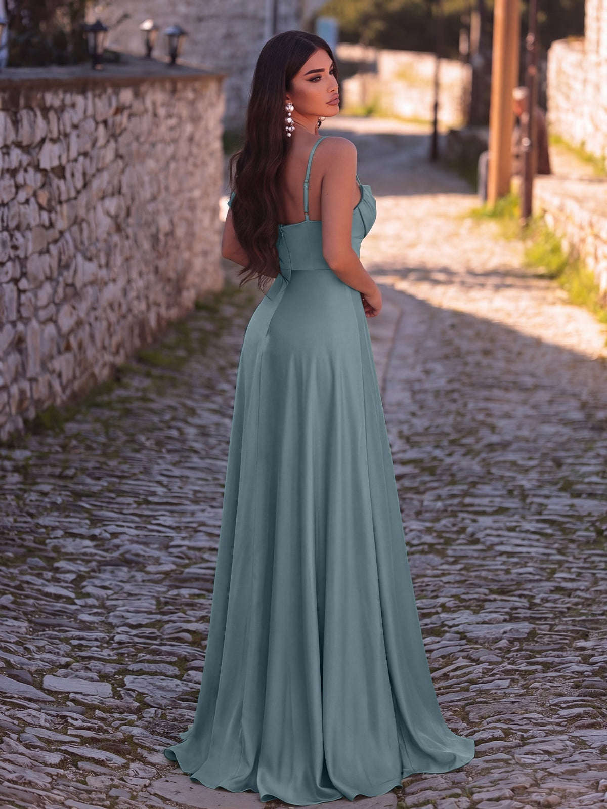 Cowl Neck High Slit Sleeveless A-Line Evening Gown in Mint, authorized product view 18