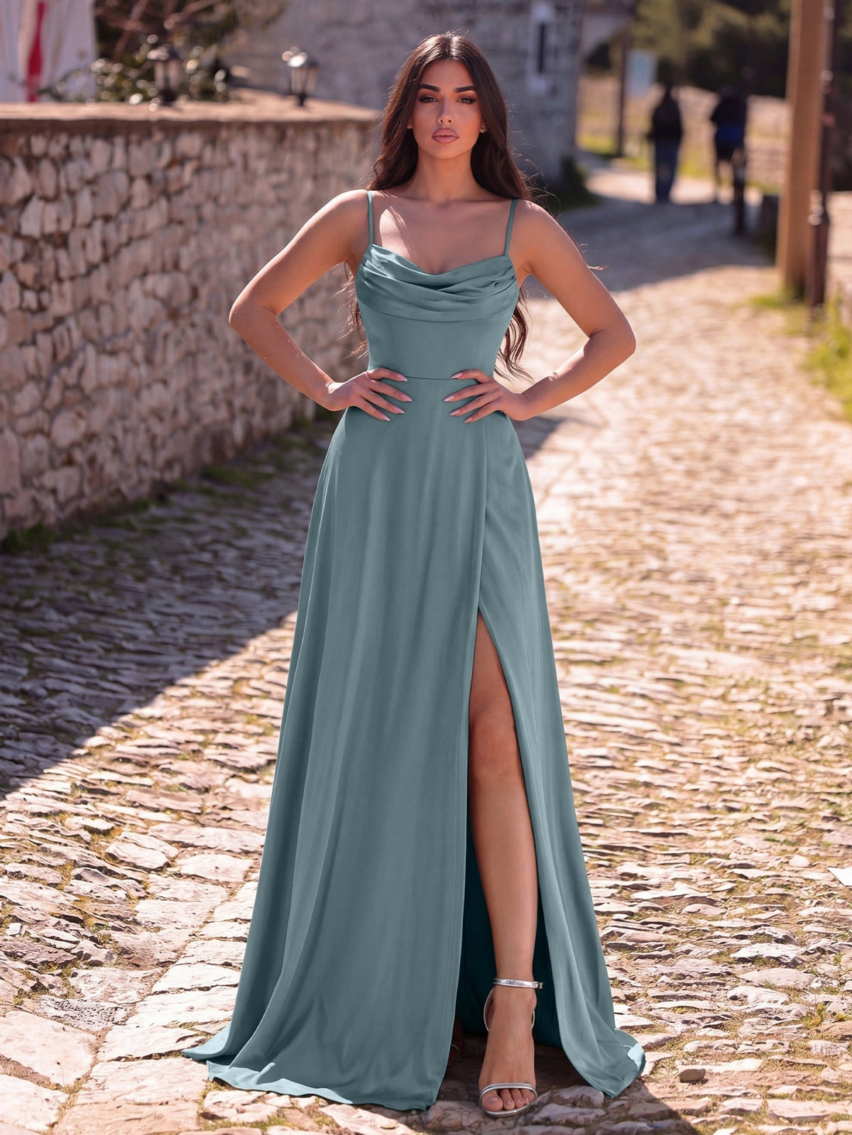 Cowl Neck High Slit Sleeveless A-Line Evening Gown in Mint, authorized product view 19