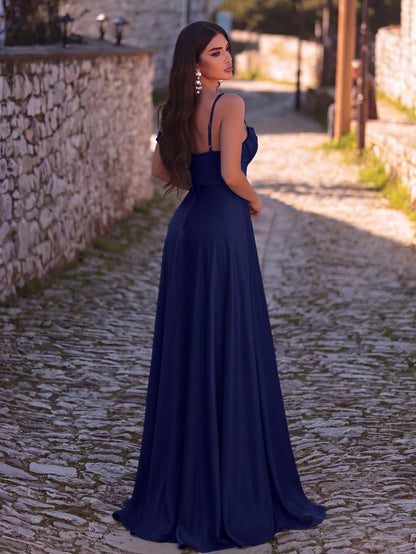 Cowl Neck High Slit Sleeveless A-Line Evening Gown in Navy Blue, authorized product view 6