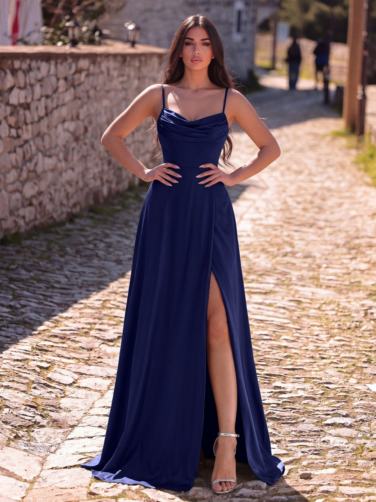 Cowl Neck High Slit Sleeveless A-Line Evening Gown in Navy Blue, authorized product view 7