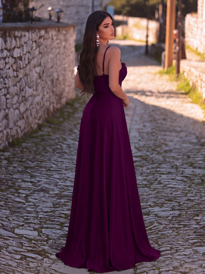 Cowl Neck High Slit Sleeveless A-Line Evening Gown in Purple, authorized product view 2
