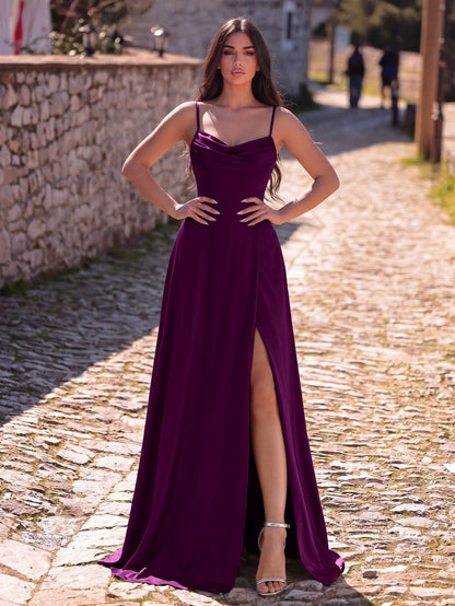 Cowl Neck High Slit Sleeveless A-Line Evening Gown in Purple, authorized product view 3