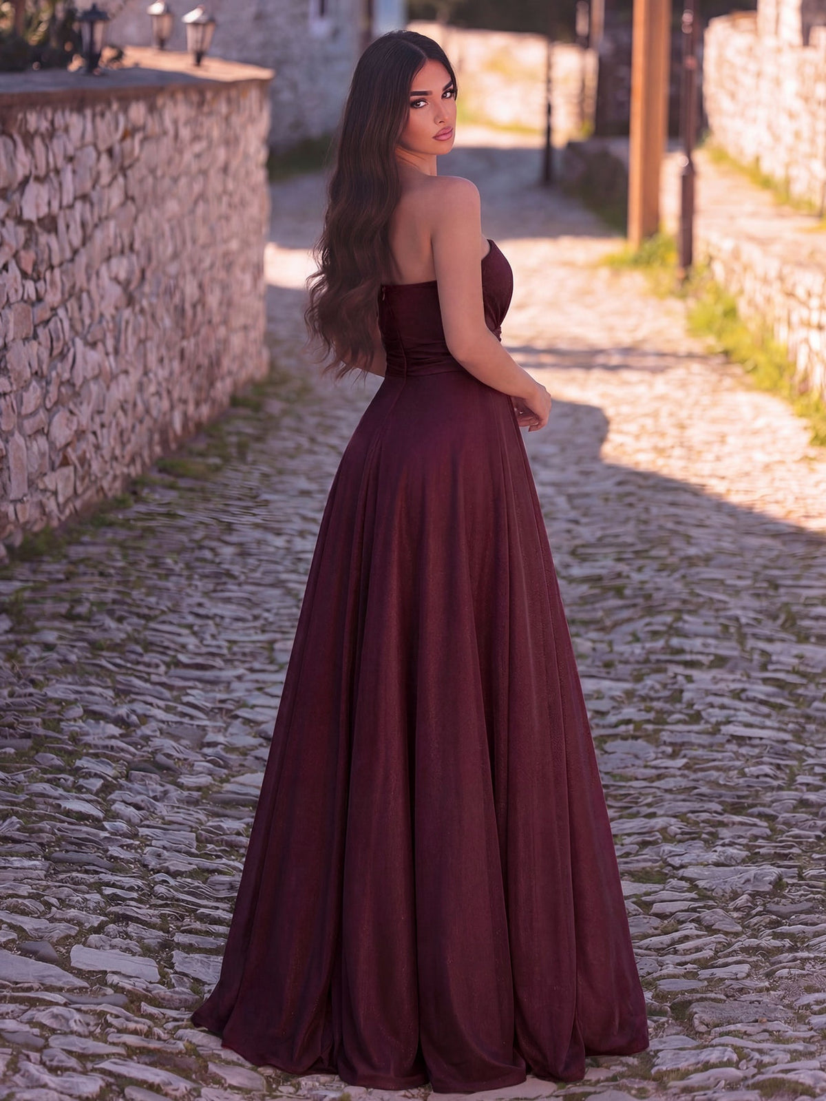 One-Shoulder Chiffon Sleeveless A-Line Evening Gown in Burgundy, authorized product view 14