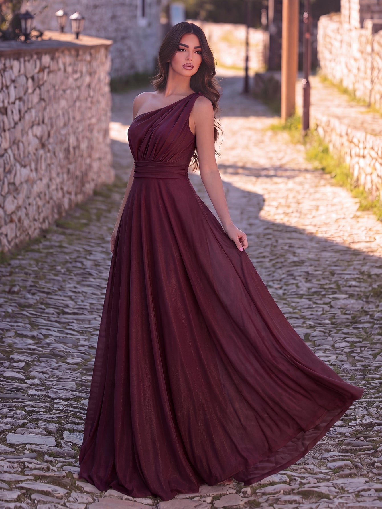 One-Shoulder Chiffon Sleeveless A-Line Evening Gown in Burgundy, authorized product view 15