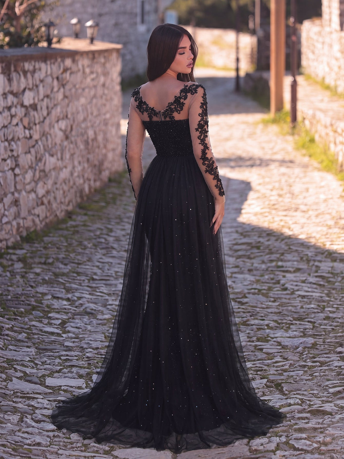 Round Neck Sequin Tulle Long-Sleeve Mermaid Evening Gown in Black, authorized product view 18