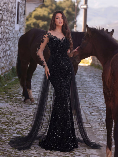 Round Neck Sequin Tulle Long-Sleeve Mermaid Evening Gown in Black, authorized product view 19