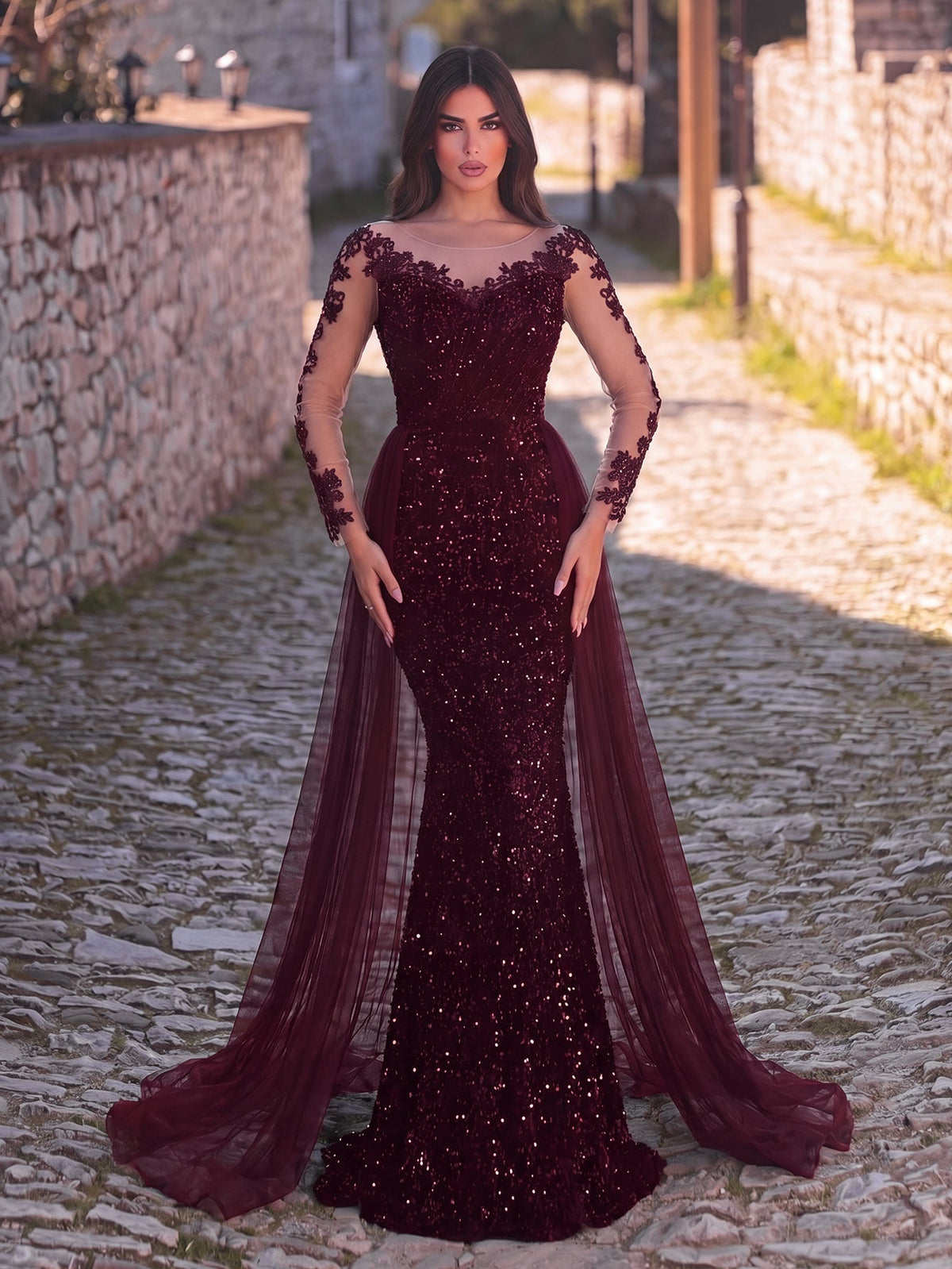 Round Neck Sequin Tulle Long-Sleeve Mermaid Evening Gown in Burgundy, authorized product view 2