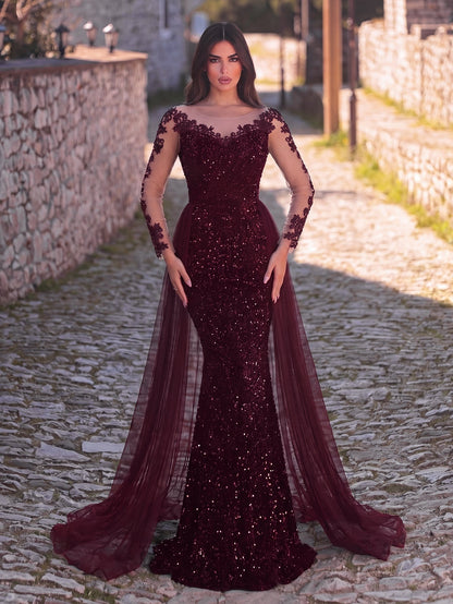 Round Neck Sequin Tulle Long-Sleeve Mermaid Evening Gown in Burgundy, authorized product view 2