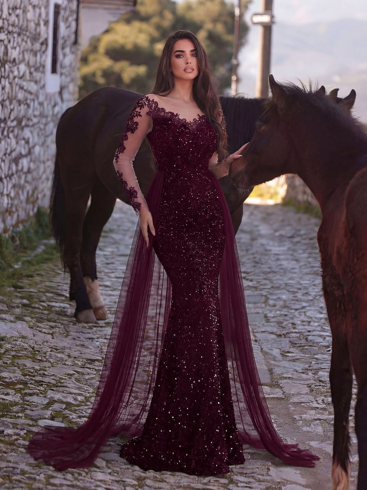 Round Neck Sequin Tulle Long-Sleeve Mermaid Evening Gown in Burgundy, authorized product view 3