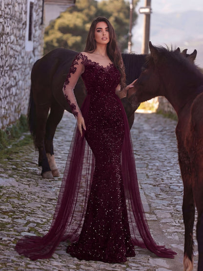Round Neck Sequin Tulle Long-Sleeve Mermaid Evening Gown in Burgundy, authorized product view 3