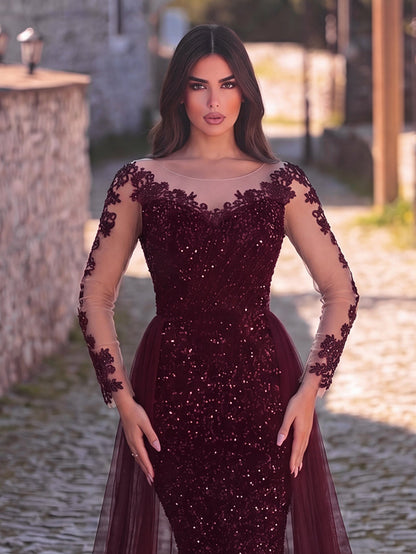 Round Neck Sequin Tulle Long-Sleeve Mermaid Evening Gown in Burgundy, authorized product view 4
