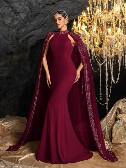 Rhinestone Detail Mock Neck Mermaid Hem Formal Cape Evening Dress in Burgundy, authorized product view 11