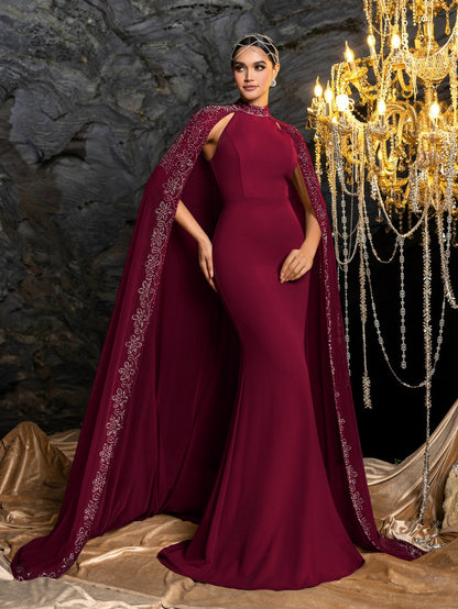 Rhinestone Detail Mock Neck Mermaid Hem Formal Cape Evening Dress in Burgundy, authorized product view 12