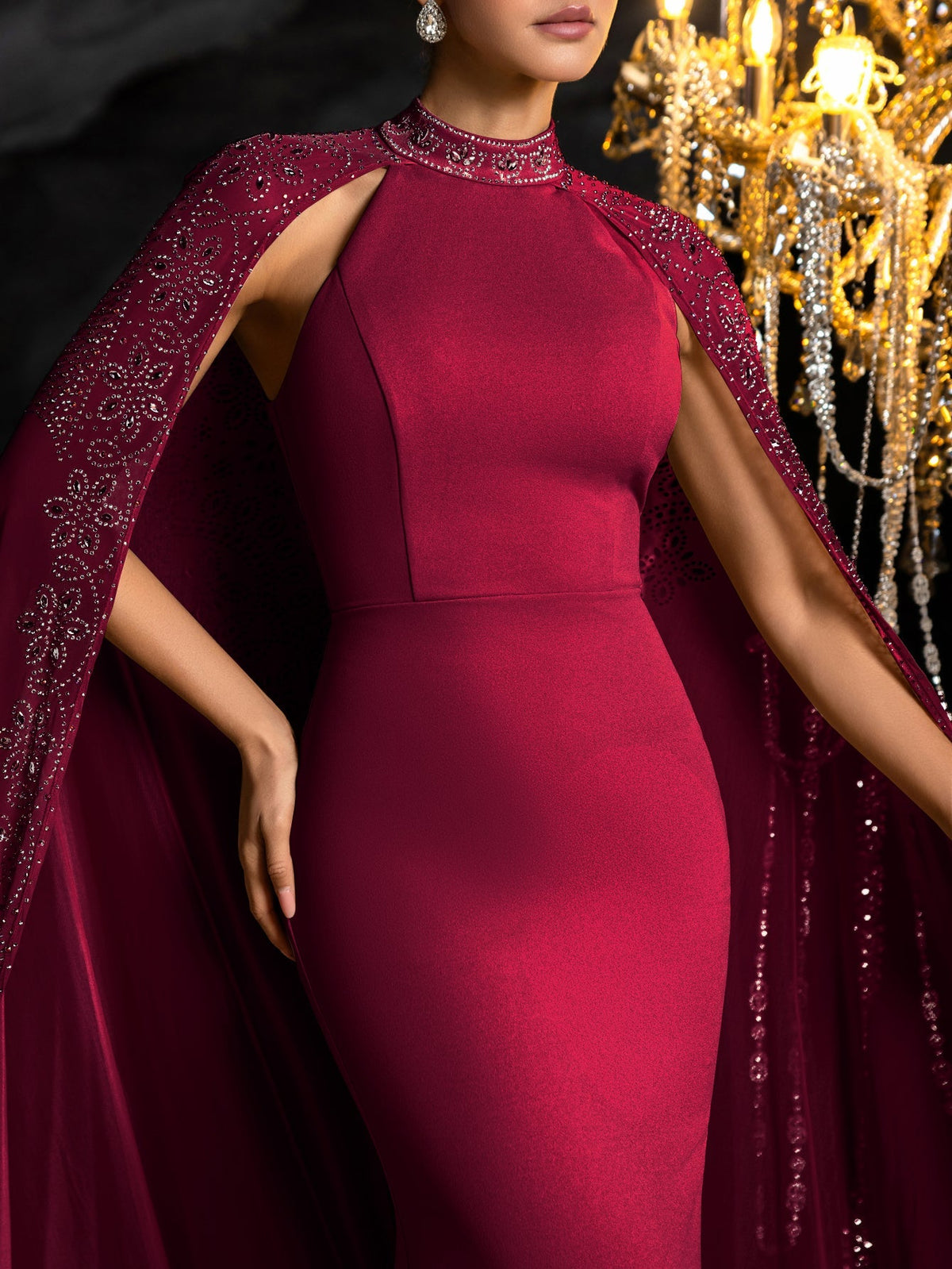 Rhinestone Detail Mock Neck Mermaid Hem Formal Cape Evening Dress in Burgundy, authorized product view 13