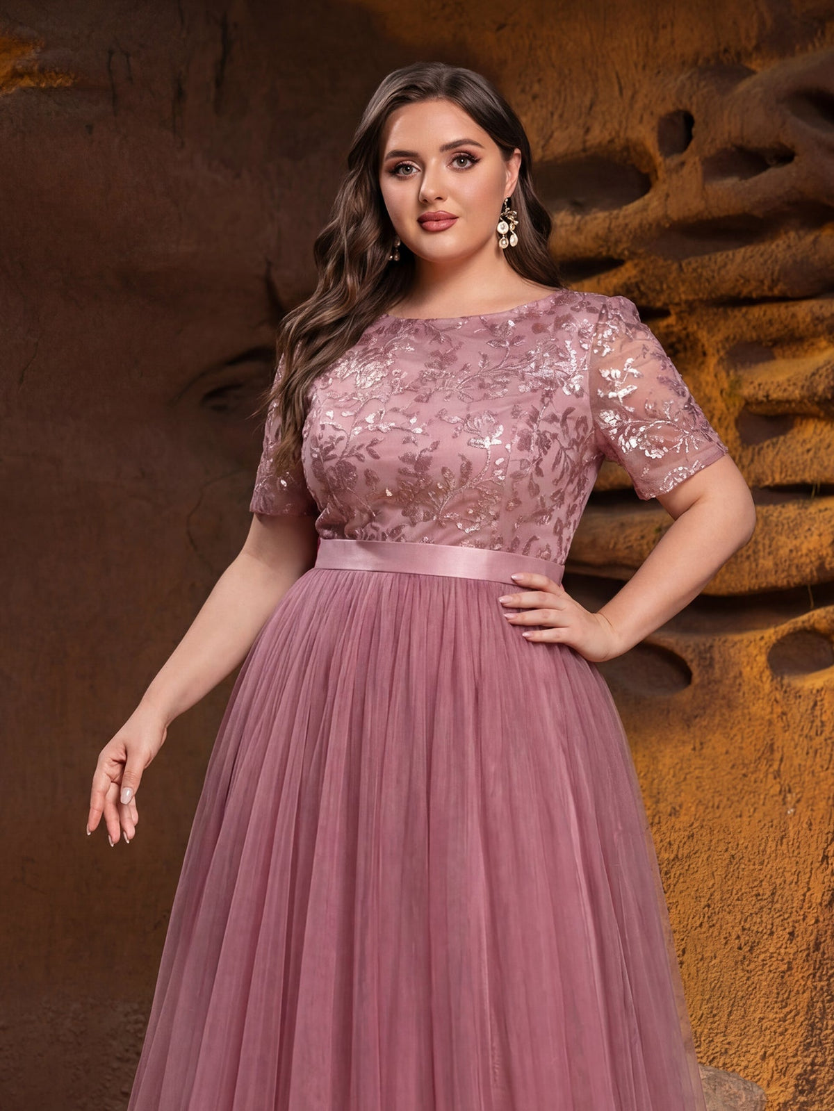 Plus-size mauve sequin bodice tulle evening gown, bodice detail