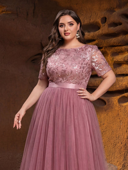 Plus-size mauve sequin bodice tulle evening gown, bodice detail