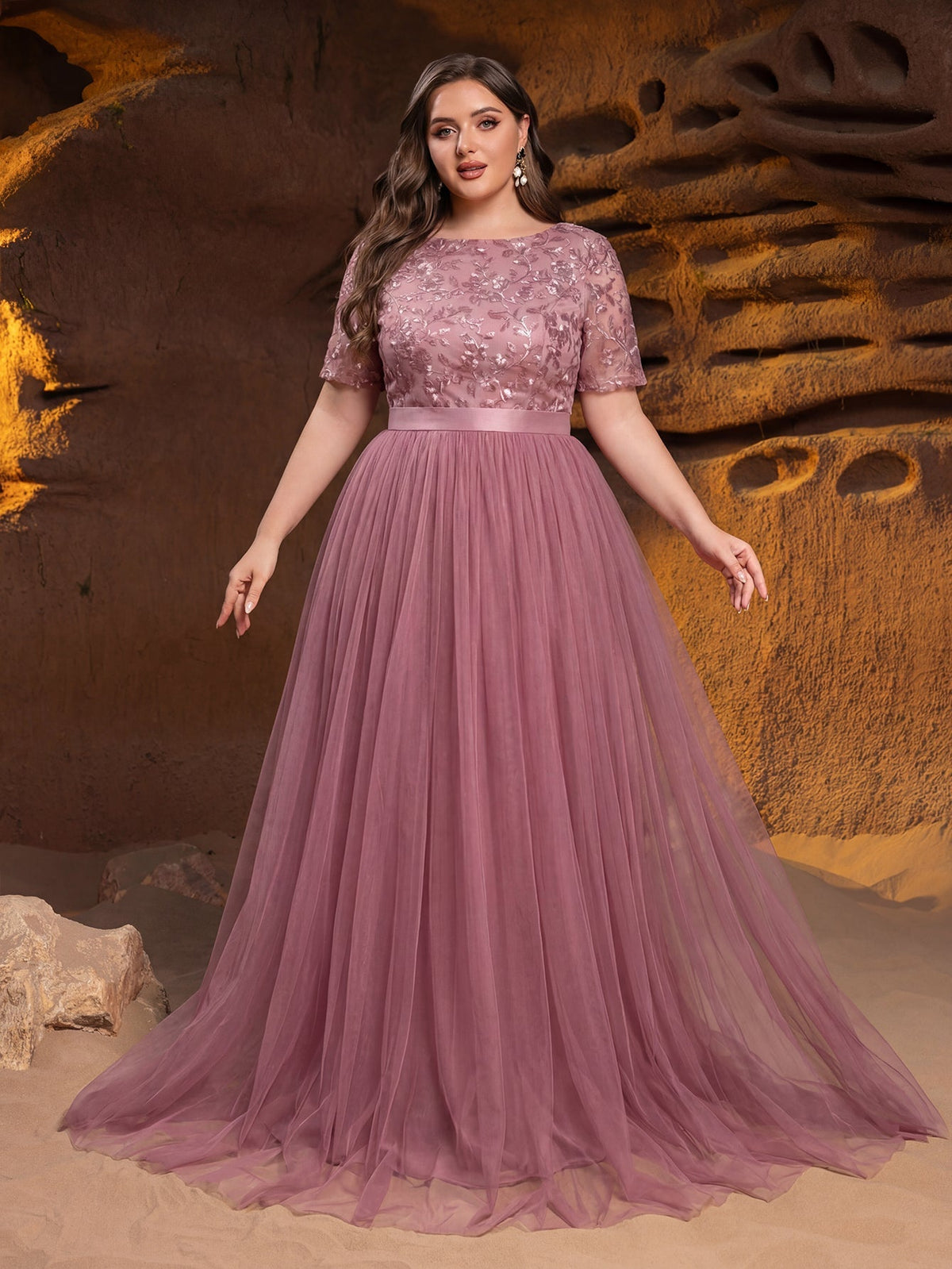 Plus-size mauve sequin bodice tulle evening gown, full front view
